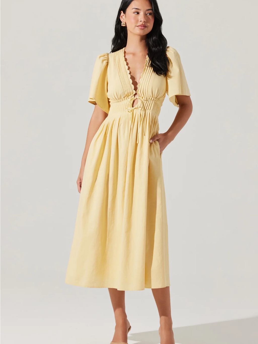 Astr Yellow Midi Dress With Scalloped V-Neck
